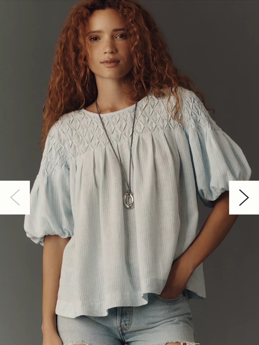 Anthropologie Liza Puff Sleeve Smocked Linen Top Pale Blue Striped XL Yoke